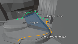 An overall view of the collision for the Dead Fish fight trigger and the path taken during Pill's Skip